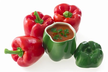 pimento - Three red bell peppers  and  a capsicum ragout in a green pepper ceramic ornament, isolated on white background Stock Photo - Budget Royalty-Free & Subscription, Code: 400-05353029
