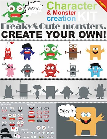 Character & Monster Creation Kit.  A unique pack of freaky monsters you can use for web & print advertisements, stickers, avatars, t-shirts, what ever you want to! Stock Photo - Budget Royalty-Free & Subscription, Code: 400-05367610