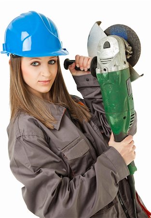 female construction worker with blue hardhat holding grinder, isolated Stock Photo - Budget Royalty-Free & Subscription, Code: 400-05360307