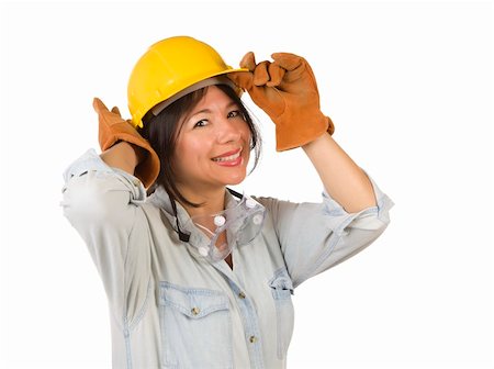 Attractive Smiling Hispanic Woman Wearing Hard Hat, Goggles and Leather Work Gloves Isolated on a White Background. Stock Photo - Budget Royalty-Free & Subscription, Code: 400-05360769