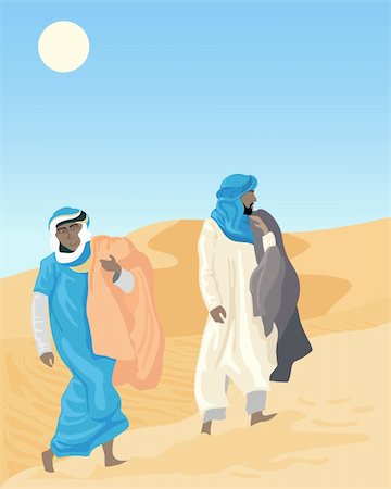 saudi arabia people - an illustration of two bedouins walking through sand dunes with blankets under a hot sun Stock Photo - Budget Royalty-Free & Subscription, Code: 400-05361197