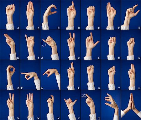 Finger spelling of alphabet in sign language, on blue background Stock Photo - Budget Royalty-Free & Subscription, Code: 400-05361878