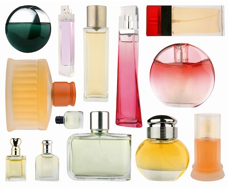 spraying perfume - Set of different perfume bottles isolated on white Stock Photo - Budget Royalty-Free & Subscription, Code: 400-05363188
