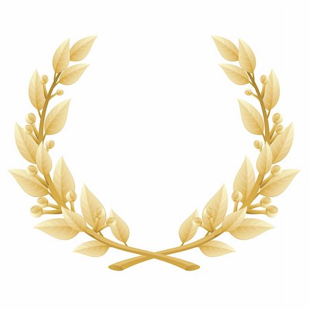 Detailed vector illustration of a gold laurel wreath award. Represents a victory, achievement, honor, quality product, or success. Ornate leaf sections. Isolated on a white background. Stock Photo - Budget Royalty-Free & Subscription, Code: 400-05375075