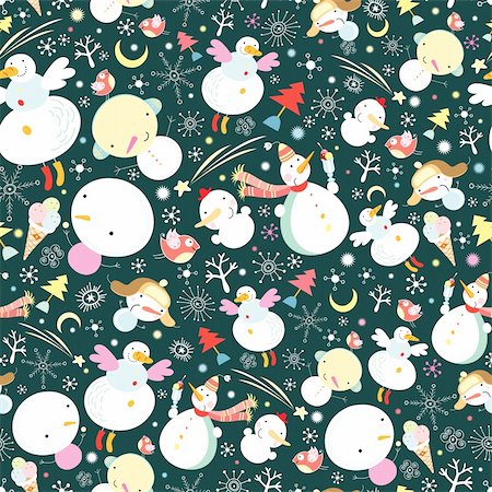 simsearch:400-05375439,k - seamless pattern of fun snowman on a dark green background with snowflakes Stock Photo - Budget Royalty-Free & Subscription, Code: 400-05375439