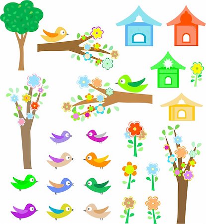 Set birds with birdhouses, green trees and flowers Stock Photo - Budget Royalty-Free & Subscription, Code: 400-05375520