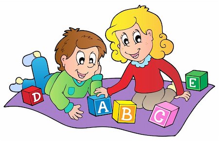 small picture of a cartoon of a person being young - Two kids playing with bricks - vector illustration. Stock Photo - Budget Royalty-Free & Subscription, Code: 400-05377387