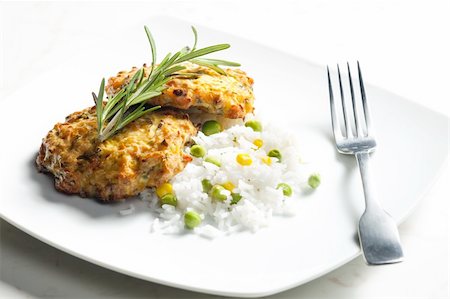 baked salmon burgers with vegetables rice Stock Photo - Budget Royalty-Free & Subscription, Code: 400-05379492