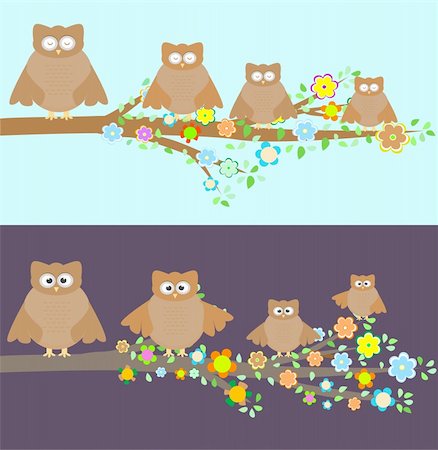 Family of owls sitting on a branch. Two variations Stock Photo - Budget Royalty-Free & Subscription, Code: 400-05370539