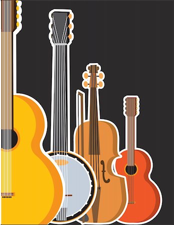 A border or frame featuring several stringed instruments - a guitar,banjo,violin and a ukulele Stock Photo - Budget Royalty-Free & Subscription, Code: 400-05385528