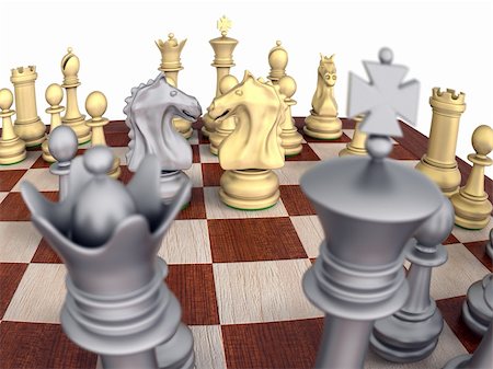 Close-Up of a metal chess set on a wooden board, isolated over white with knights confronting. Stock Photo - Budget Royalty-Free & Subscription, Code: 400-05388131