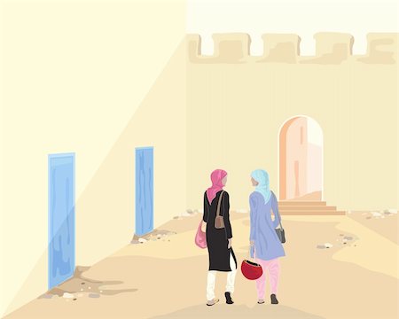 an illustration of two muslim women with shopping bags walking through an old street in the evening sunlight Stock Photo - Budget Royalty-Free & Subscription, Code: 400-05380606