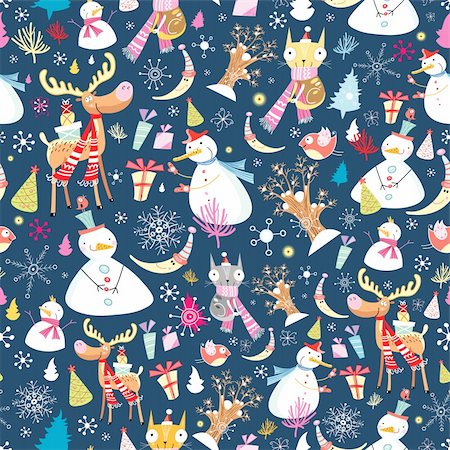simsearch:400-05375439,k - seamless pattern of snowmen and elk, and various toys on a dark blue background with snowflakes Stock Photo - Budget Royalty-Free & Subscription, Code: 400-05381746