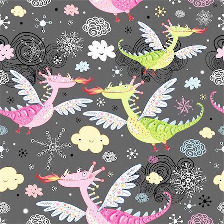 simsearch:400-05375439,k - seamless cheerful pattern of dragons on a dark gray background with clouds and snowflakes Stock Photo - Budget Royalty-Free & Subscription, Code: 400-05383622
