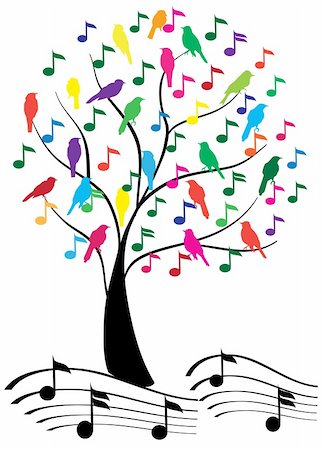 Vector illustration of a tree with musical notes and birds Stock Photo - Budget Royalty-Free & Subscription, Code: 400-05666441