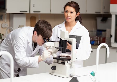 simsearch:400-05669968,k - Portrait of a scientist looking in a microscope while his colleague is posing in a library Stock Photo - Budget Royalty-Free & Subscription, Code: 400-05669962