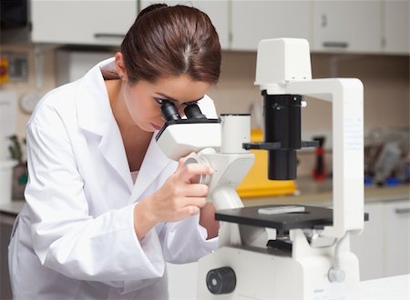 simsearch:400-05669968,k - Female science student looking in a microscope in a laboratory Stock Photo - Budget Royalty-Free & Subscription, Code: 400-05669974