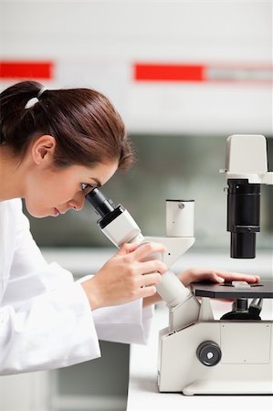 simsearch:400-05669968,k - Portrait of a female scientist looking in a microscope in a laboratory Stock Photo - Budget Royalty-Free & Subscription, Code: 400-05669977