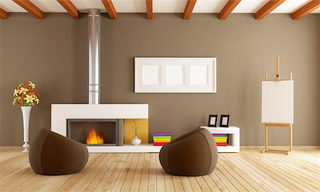 brown living room with fireplace two fashion armchair and artist easel-rendering Stock Photo - Budget Royalty-Free & Subscription, Code: 400-05675970