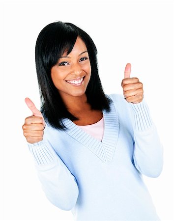 simsearch:400-04875087,k - Smiling black woman giving thumbs up gesture isolated on white background Photographie de stock - Aubaine LD & Abonnement, Code: 400-05677078