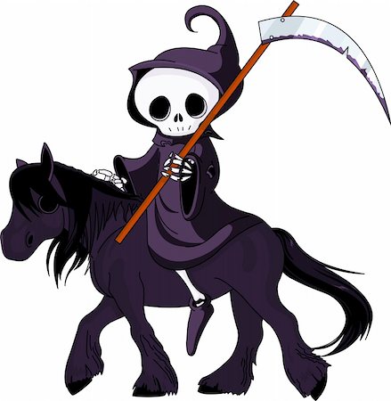 simsearch:400-03971352,k - Cute cartoon grim reaper with scythe  riding black horse Foto de stock - Super Valor sin royalties y Suscripción, Código: 400-05677211