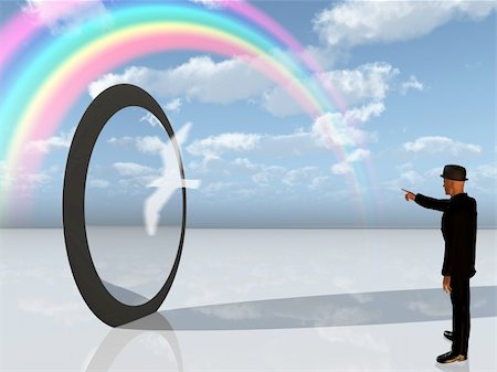 rolffimages (artist) - Man in black points toward rainbow in surreal landscape Stock Photo - Budget Royalty-Free & Subscription, Code: 400-05678487