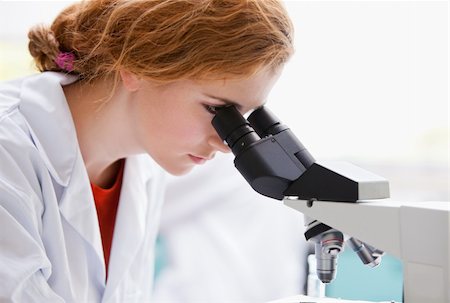 simsearch:400-05669968,k - Close up of a science student looking into a microscope in a laboratory Stock Photo - Budget Royalty-Free & Subscription, Code: 400-05670433