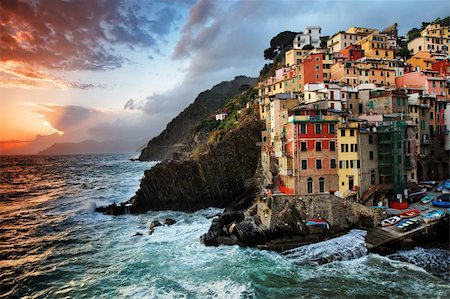 Sunset stormy light in Riomaggiore, Cinque Terre, Italy Stock Photo - Budget Royalty-Free & Subscription, Code: 400-05672334