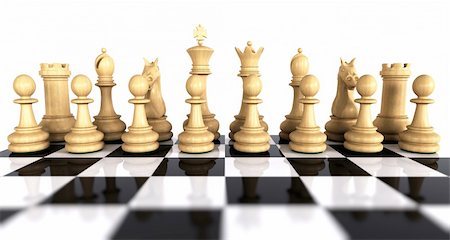 White wooden chess game pieces on a reflective chess board isolated over white. What's the first move? Stock Photo - Budget Royalty-Free & Subscription, Code: 400-05672915