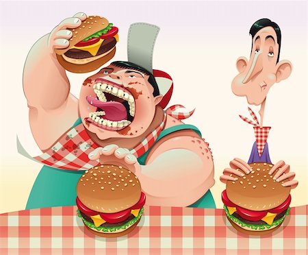 food in the restaurant cartoon - Guys with hamburgers. Cartoon and vector illustration. Stock Photo - Budget Royalty-Free & Subscription, Code: 400-05684253