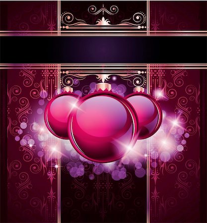 Elegant Merry Christmas and Happy New Year background with vintage seamless wallpaper and glossy baubles. Stock Photo - Budget Royalty-Free & Subscription, Code: 400-05687348