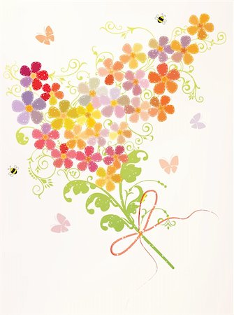 flowers bouquet vector - Bunch of beautiful spring flowers with bees and butterflies Stock Photo - Budget Royalty-Free & Subscription, Code: 400-05689178