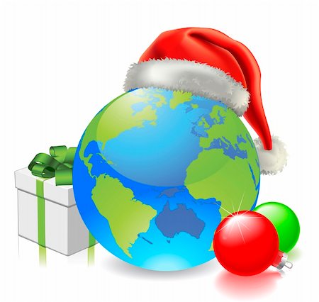 earth globe christmas ornament - Christmas globe with Santa hat, gift and baubles Stock Photo - Budget Royalty-Free & Subscription, Code: 400-05680473