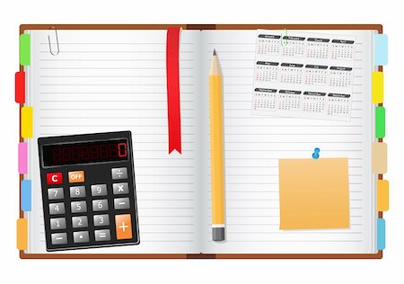 simsearch:400-06327059,k - Opened notebook with pencil, calculator, calendar and post-it note Foto de stock - Super Valor sin royalties y Suscripción, Código: 400-05681139