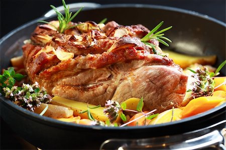 simsearch:400-06079651,k - Tasty roasted pork meat with western potatoes and vegetable Stock Photo - Budget Royalty-Free & Subscription, Code: 400-05682527