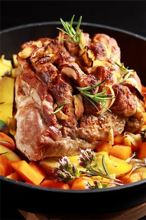 simsearch:400-06079651,k - Tasty roasted pork meat with western potatoes and vegetable Stock Photo - Budget Royalty-Free & Subscription, Code: 400-05682528