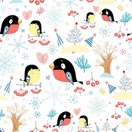 simsearch:400-05375439,k - seamless pattern winter titmouse and bullfinch on a white background with snowflakes and trees Stock Photo - Budget Royalty-Free & Subscription, Code: 400-05683076
