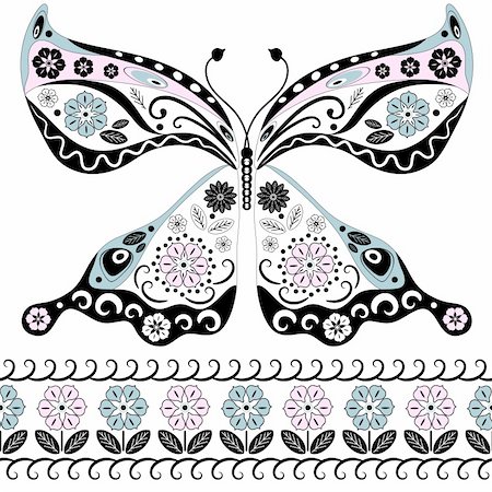 Vintage decorative butterfly isolated on white and floral seamless border (vector) Stock Photo - Budget Royalty-Free & Subscription, Code: 400-05683303