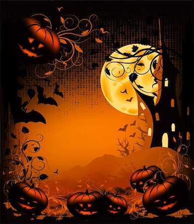 fairy tale castle on a hill - Halloween illustration background with pumpkin, castle, moon and ornate Stock Photo - Budget Royalty-Free & Subscription, Code: 400-05683344