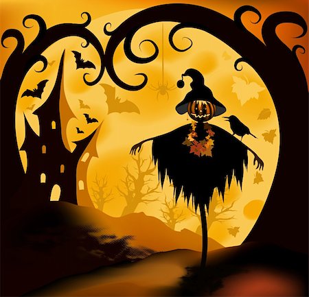 fairy tale castle on a hill - Halloween illustration background with scarecrow; moon and castle Stock Photo - Budget Royalty-Free & Subscription, Code: 400-05683349