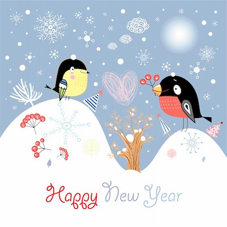 simsearch:400-05375439,k - New Year's card with birdies on a lavender background with snowflakes Stock Photo - Budget Royalty-Free & Subscription, Code: 400-05683637