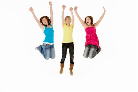 simsearch:400-05697219,k - Group Of Three Young Girls Leaping In Air Stock Photo - Budget Royalty-Free & Subscription, Code: 400-05697147