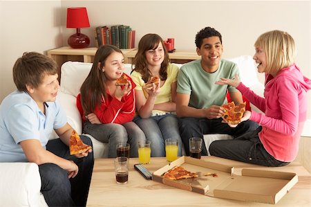 simsearch:400-04199223,k - Group Of Children Eating Pizza At Home Stock Photo - Budget Royalty-Free & Subscription, Code: 400-05697165
