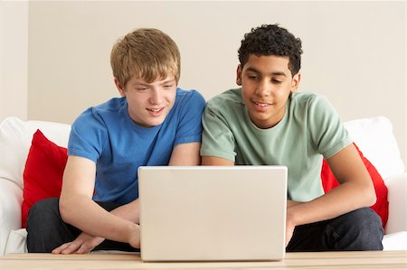 simsearch:400-05697169,k - Two Boys Using Laptop At Home Stock Photo - Budget Royalty-Free & Subscription, Code: 400-05697174