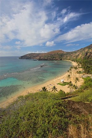 Wide-angle view of Hanauma Bay Nature Preserve near Honolulu, Hawaii with dramatic white clouds and a bright blue sky vertical Stock Photo - Budget Royalty-Free & Subscription, Code: 400-05699065