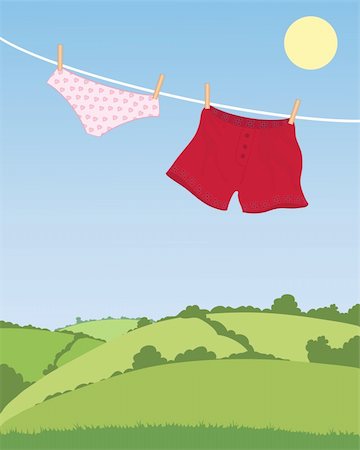 peg - an illustration of his and hers underwear on a washing line with a pretty landscape in the background under a blue sky Stock Photo - Budget Royalty-Free & Subscription, Code: 400-05699454