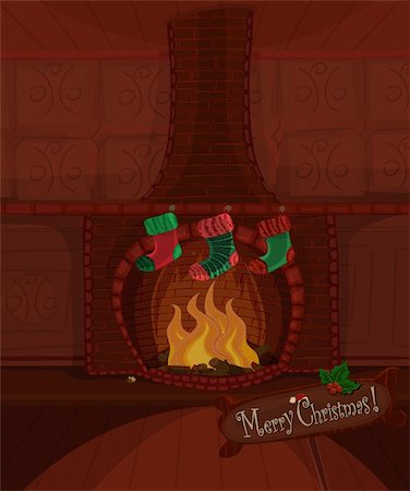 Vector Christmas series. Beautiful fireplace with fire brning and three stockings waiting for Santa Claus. Available space for your text Stock Photo - Budget Royalty-Free & Subscription, Code: 400-05699621