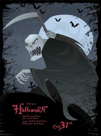 simsearch:700-00262810,k - Halloween vector series.Vector Halloween grunge template with scary grim reaper, bats, graveyard, bugs and copyspace Stock Photo - Budget Royalty-Free & Subscription, Code: 400-05692981