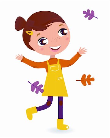 Adorable running Girl with Autumn Leaves. Vector cartoon Illustration. Stock Photo - Budget Royalty-Free & Subscription, Code: 400-05693511