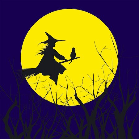 simsearch:400-05254177,k - Halloween background silhouette of a witch flying in a broom with cat Stock Photo - Budget Royalty-Free & Subscription, Code: 400-05704195